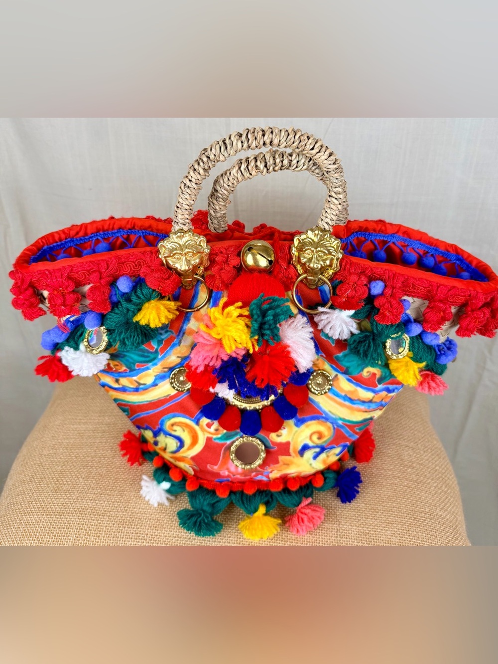 Italy Boho Pom-Pom Hand Made Straw Italian Designer Style Tote Bag Multicolor - Picture 5 of 11